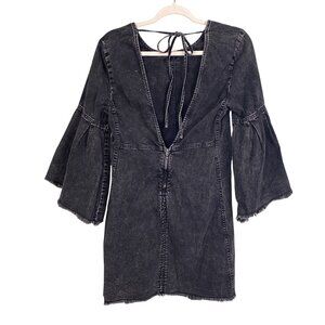 We The Free People Down East Black Wash Denim Bell Sleeve Shift Dress Raw Hem-4